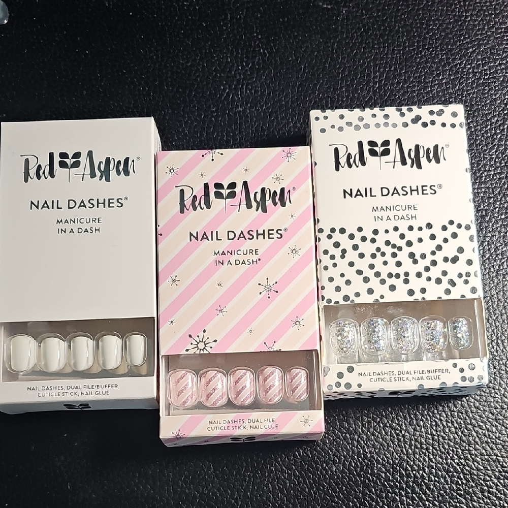 Nail Dashes - White, Pink, and Silver Press-On Nails lot of 3 short square